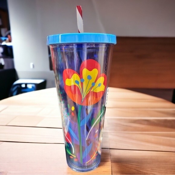 Starbucks 2018 Acrylic Venti Cold Tumble Blue Poppy Floral - Picture 1 of 3